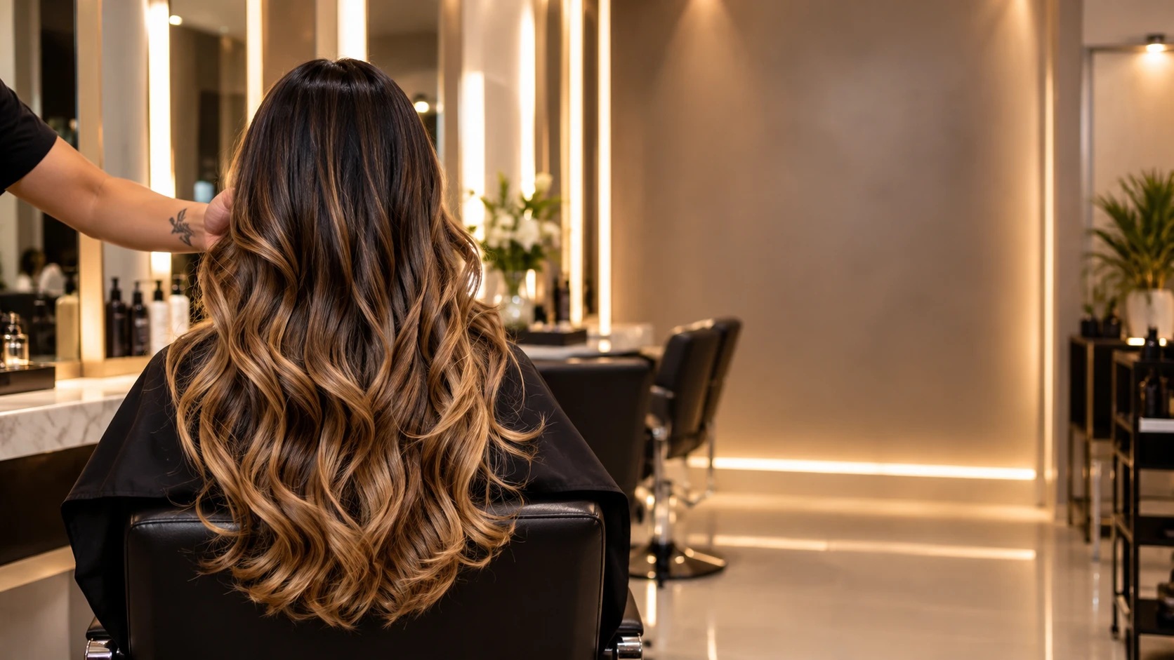 Cabeleireira finalizando o cabelo ondulado com mechas de uma cliente no salão Unique Beauty Salon